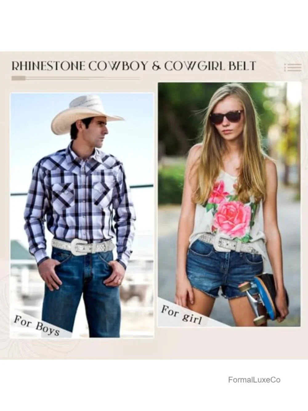 Genuine Leather Rhinestone Studded Belt for Jeans with Silver Buckle